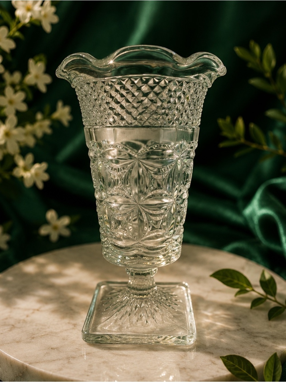 VTG Pressed Glass Pedestal Bristol Smith Glass Vase Scallop Rim Floral Pattern